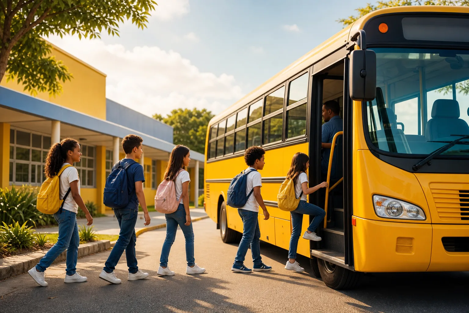 Ônibus escolar amarelo parado em frente a uma escola municipal com crianças embarcando