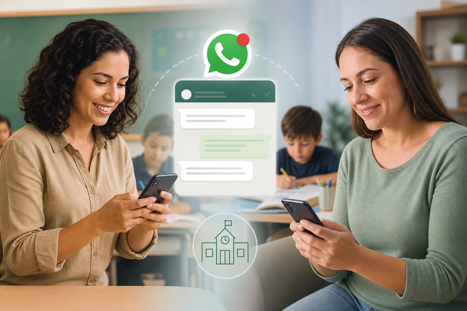 Professora e mãe de aluno conversando pelo celular com notificação de WhatsApp da escola ao fundo