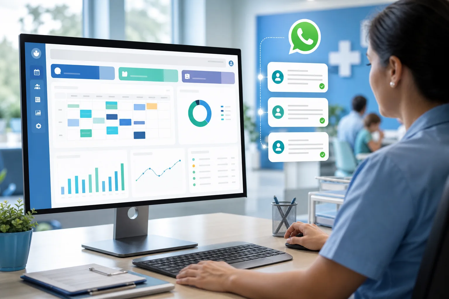 Tela de painel de gestão de agendamentos do SUS com notificações automáticas via WhatsApp em um computador de secretaria de saúde