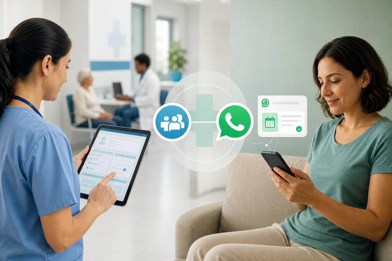Profissional de saúde municipal utilizando tablet com sistema e-SUS enquanto paciente recebe notificação de agendamento pelo WhatsApp