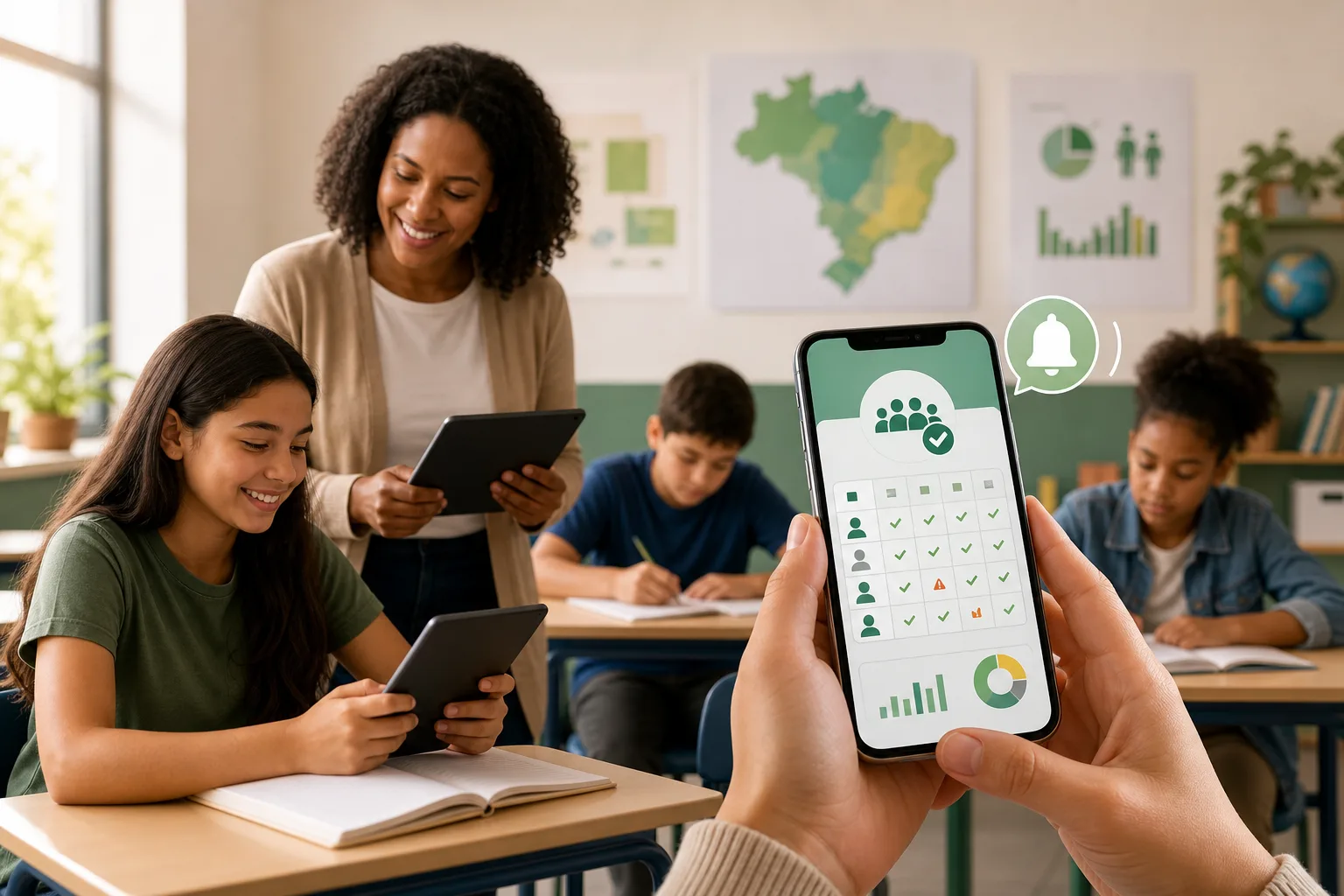 Professora e alunos em sala de aula com celular exibindo notificação de frequência escolar