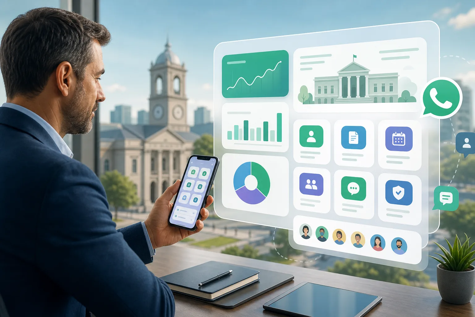 Gestor municipal usando smartphone para acompanhar painel de serviços digitais da prefeitura