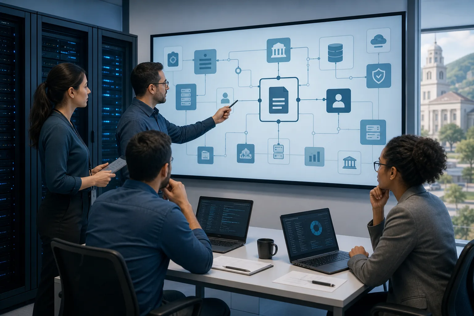 Equipe de TI municipal analisando diagrama de integração de sistemas em um servidor de prefeitura