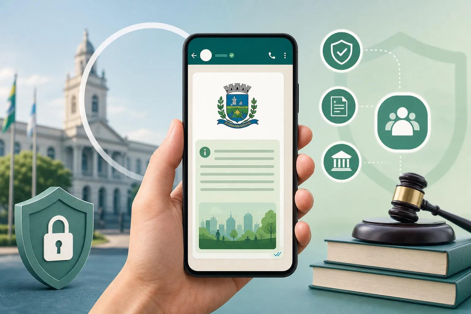 Tela de smartphone exibindo mensagem oficial de prefeitura via WhatsApp com emblema municipal e aviso institucional