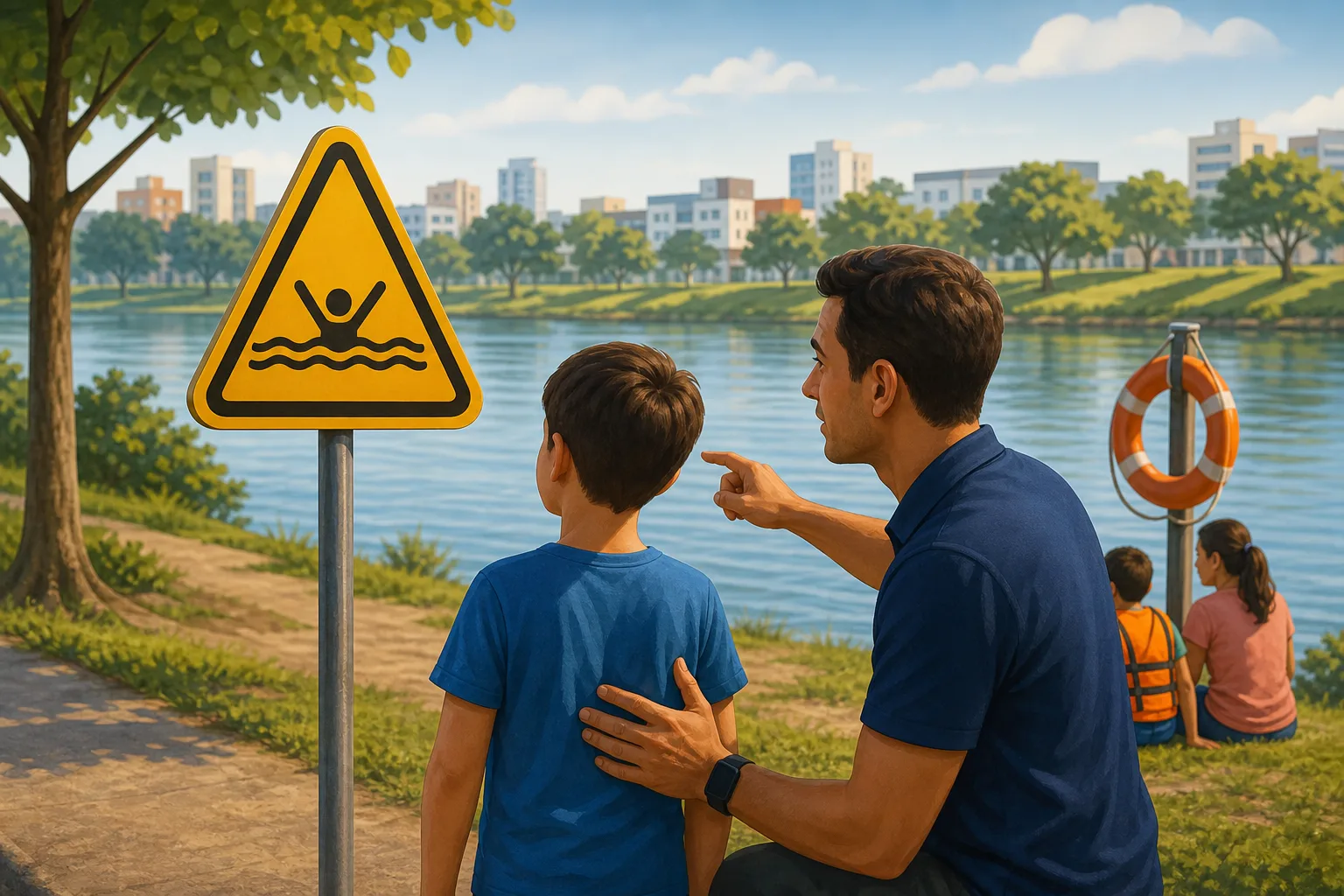 Criança observando placa de alerta em margem de rio, com adulto ao lado orientando sobre segurança aquática em área pública municipal