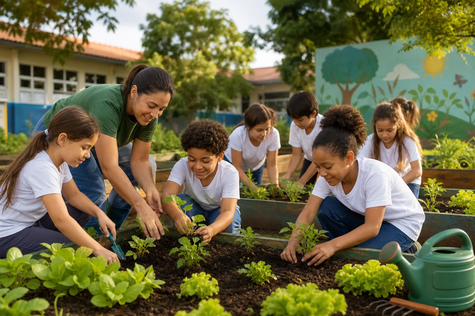 Crianças do ensino fundamental plantando mudas em horta escolar ao ar livre, com professor orientando a atividade prática de educação ambiental