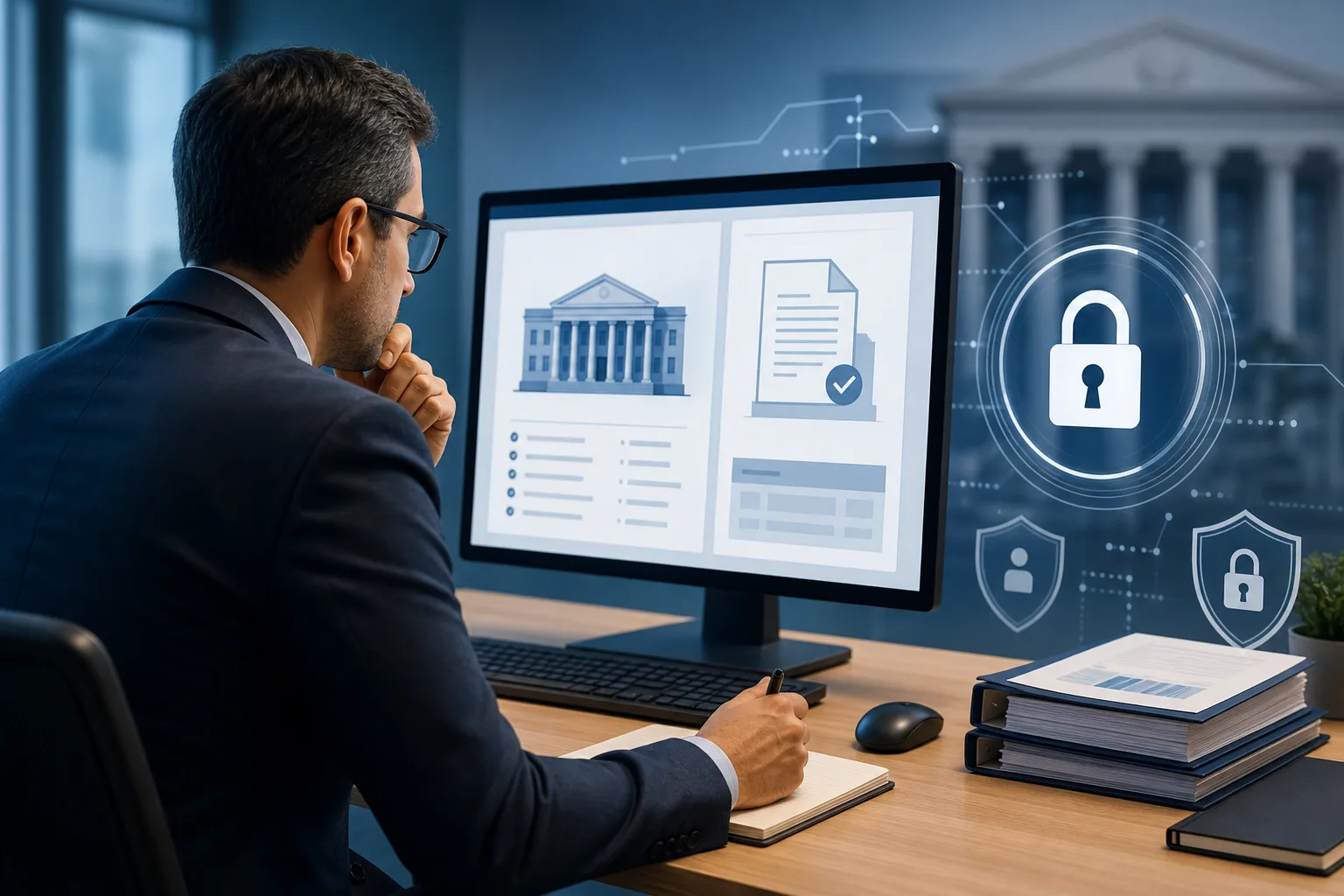 Gestor público analisando documentos de licitação eletrônica em tela de computador, com ícones de segurança e cadeado representando proteção de dados