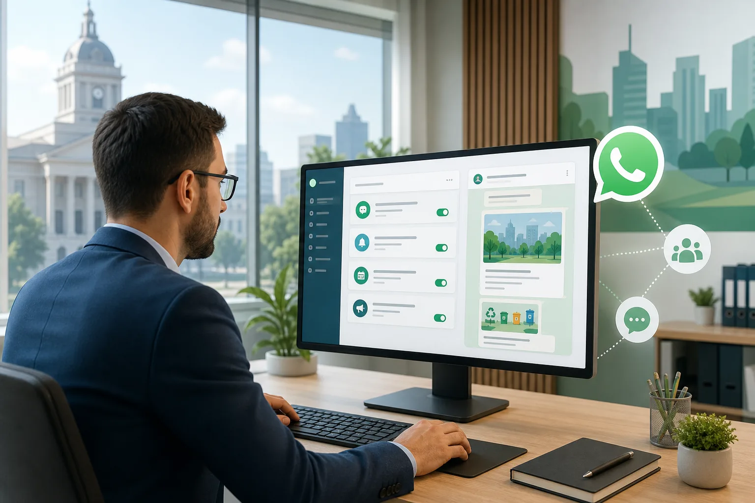 Servidor público em computador configurando painel de mensagens automáticas para comunicação municipal via WhatsApp