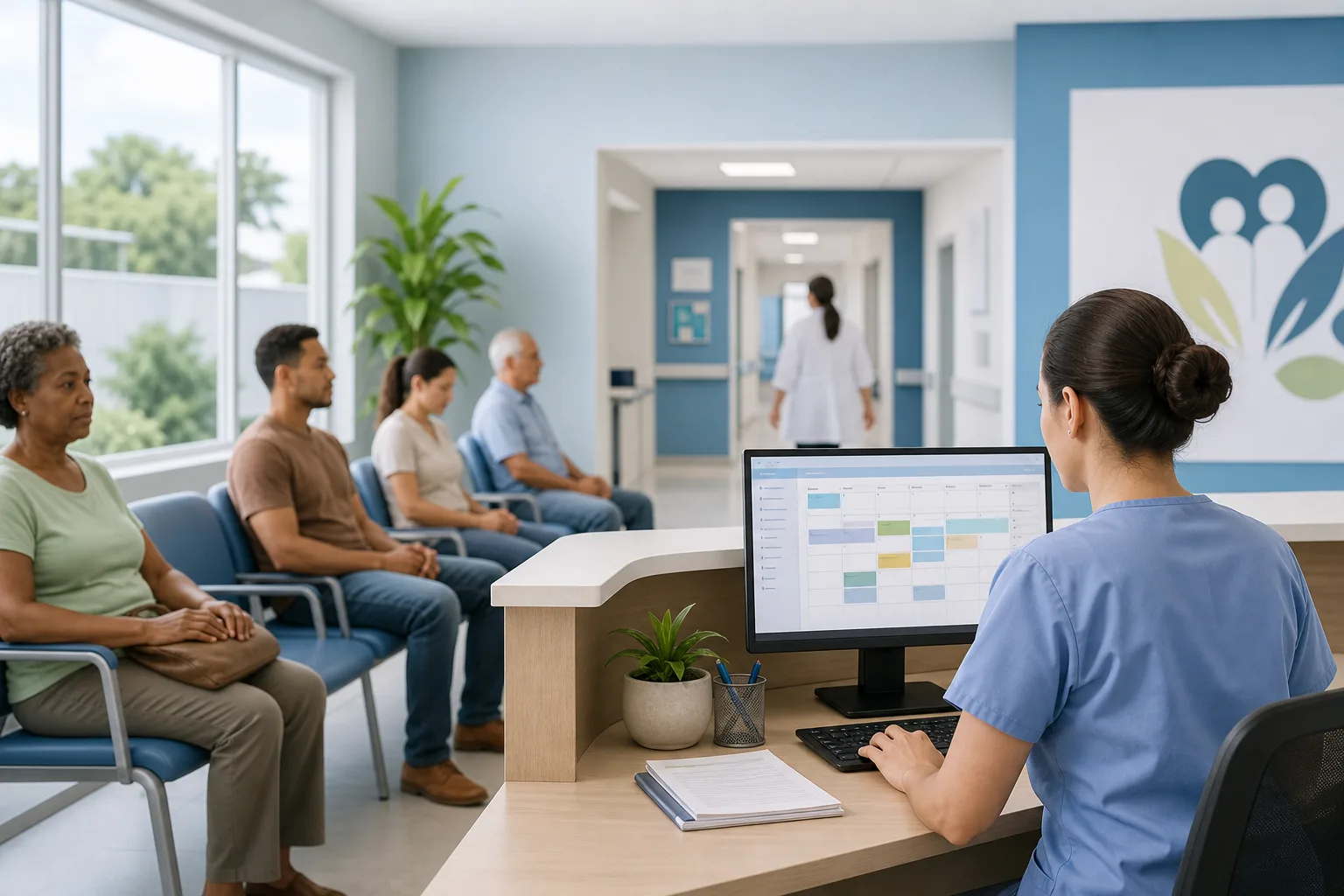 Pacientes aguardando atendimento na recepção de um posto de saúde municipal, com funcionária verificando agenda em computador