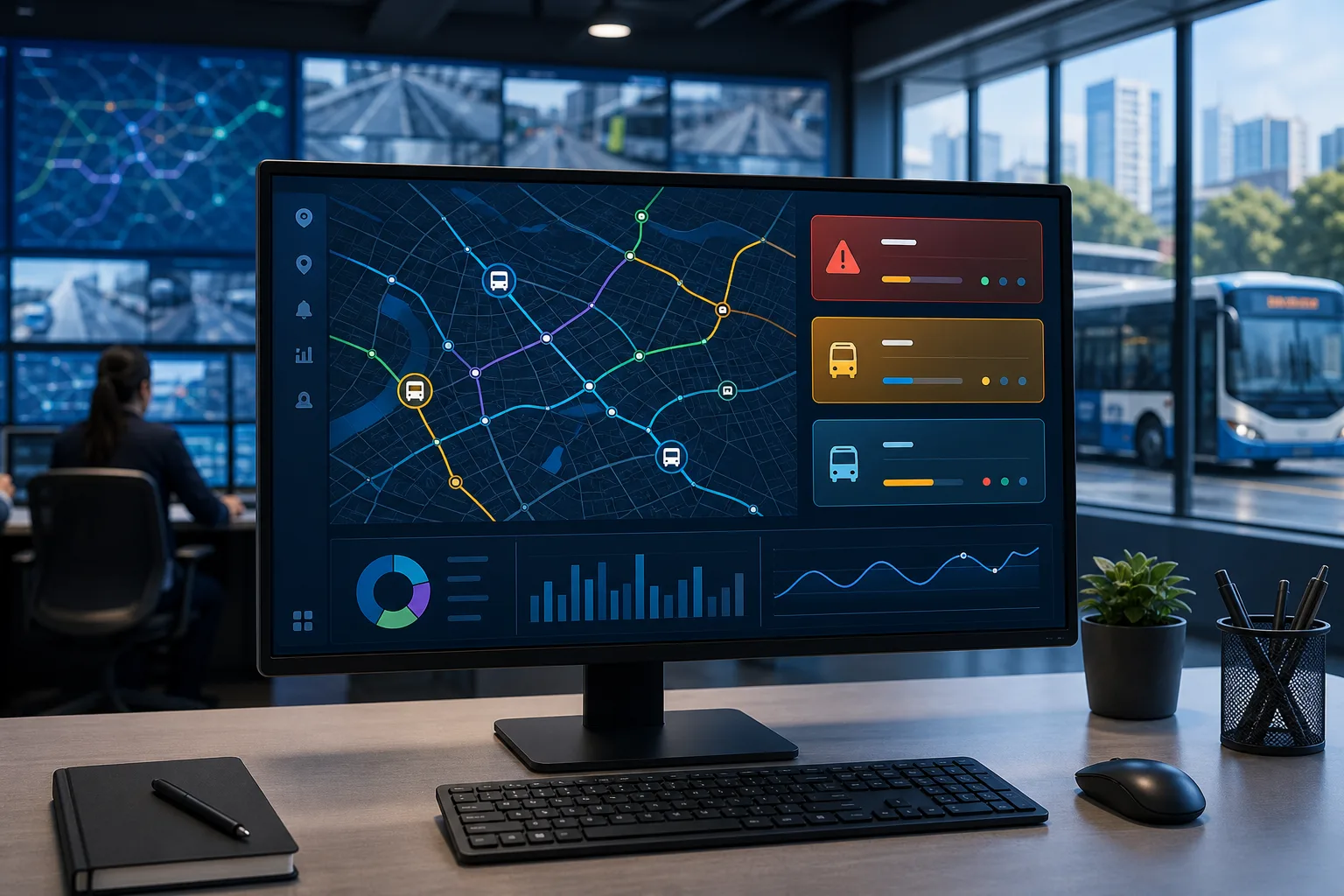 Painel de monitoramento de transporte público municipal com mapa de rotas e notificações de alertas em tempo real exibidas em tela de computador