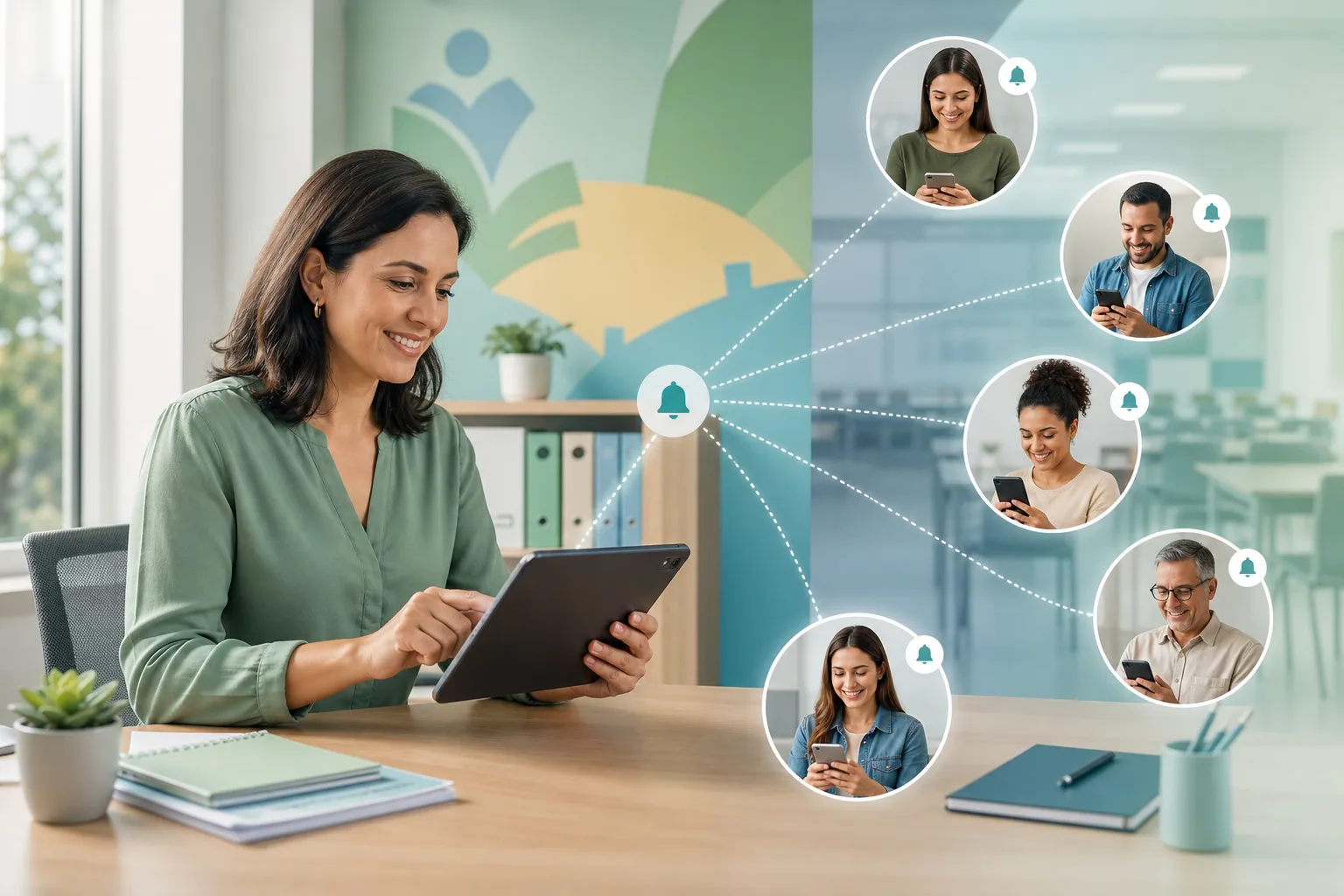 Coordenadora pedagógica usando tablet para enviar notificações digitais a responsáveis em uma secretaria municipal de educação