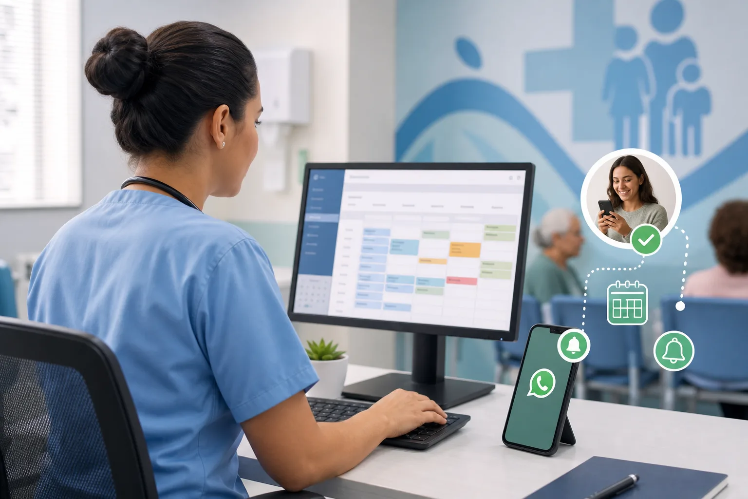 Profissional de saúde em posto municipal verificando agenda de consultas no computador, com notificação de WhatsApp aparecendo no celular ao lado