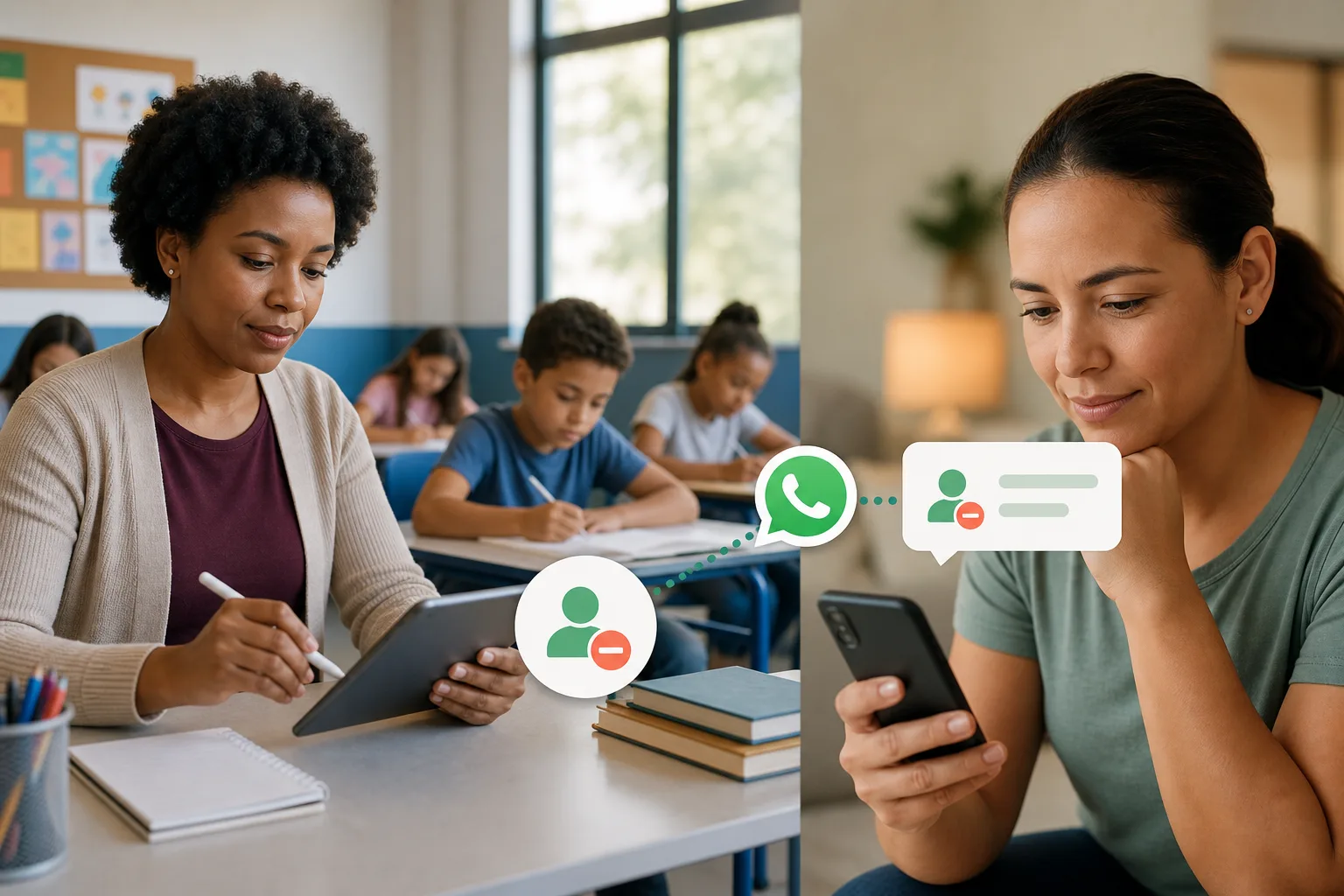 Professora registrando presença em sala de aula enquanto responsável recebe notificação automática de falta no celular via WhatsApp