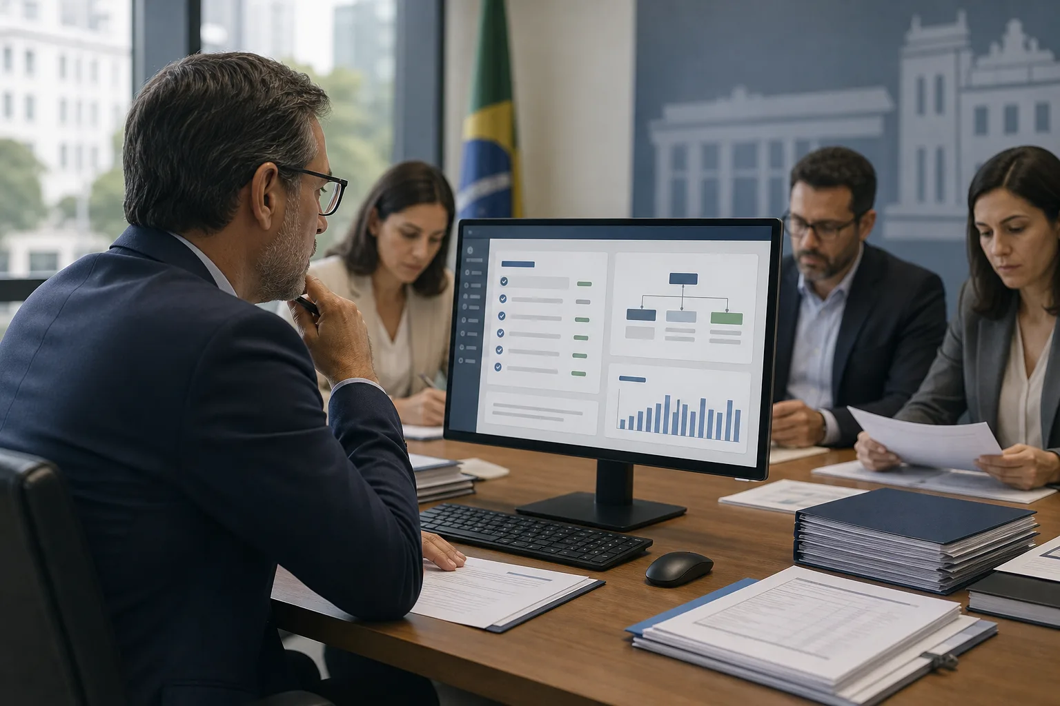 Gestor público analisando proposta de software em tela de computador durante reunião de comissão de licitação municipal