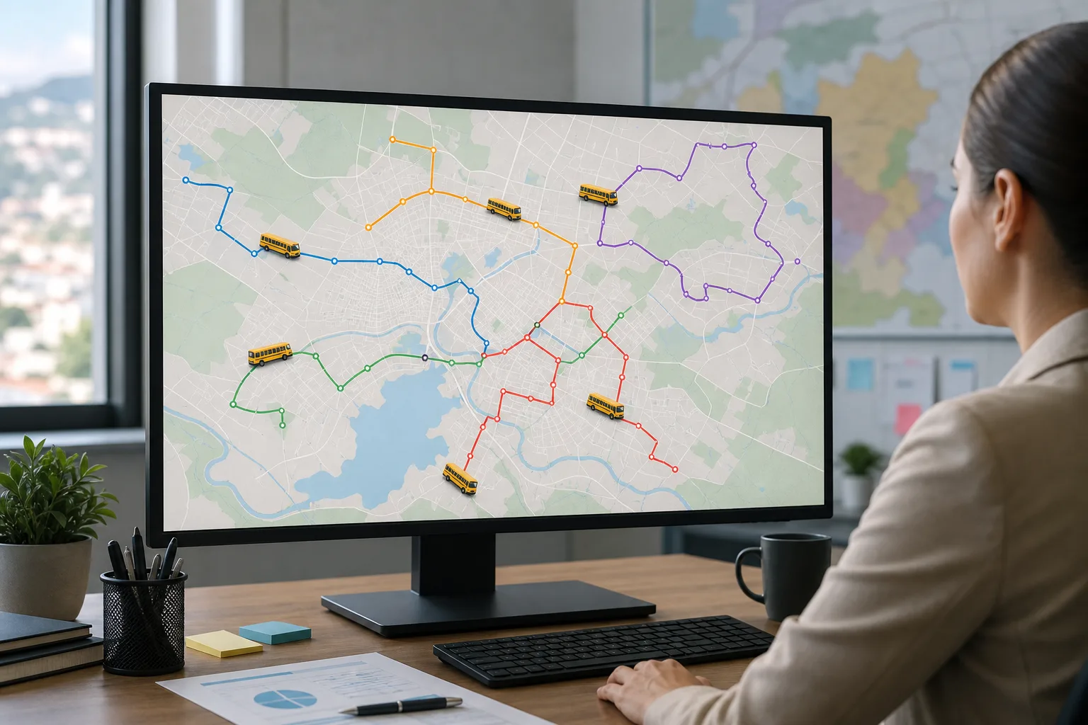 Mapa digital com rotas coloridas de transporte escolar e ônibus amarelo em município brasileiro, exibido em monitor de secretaria municipal
