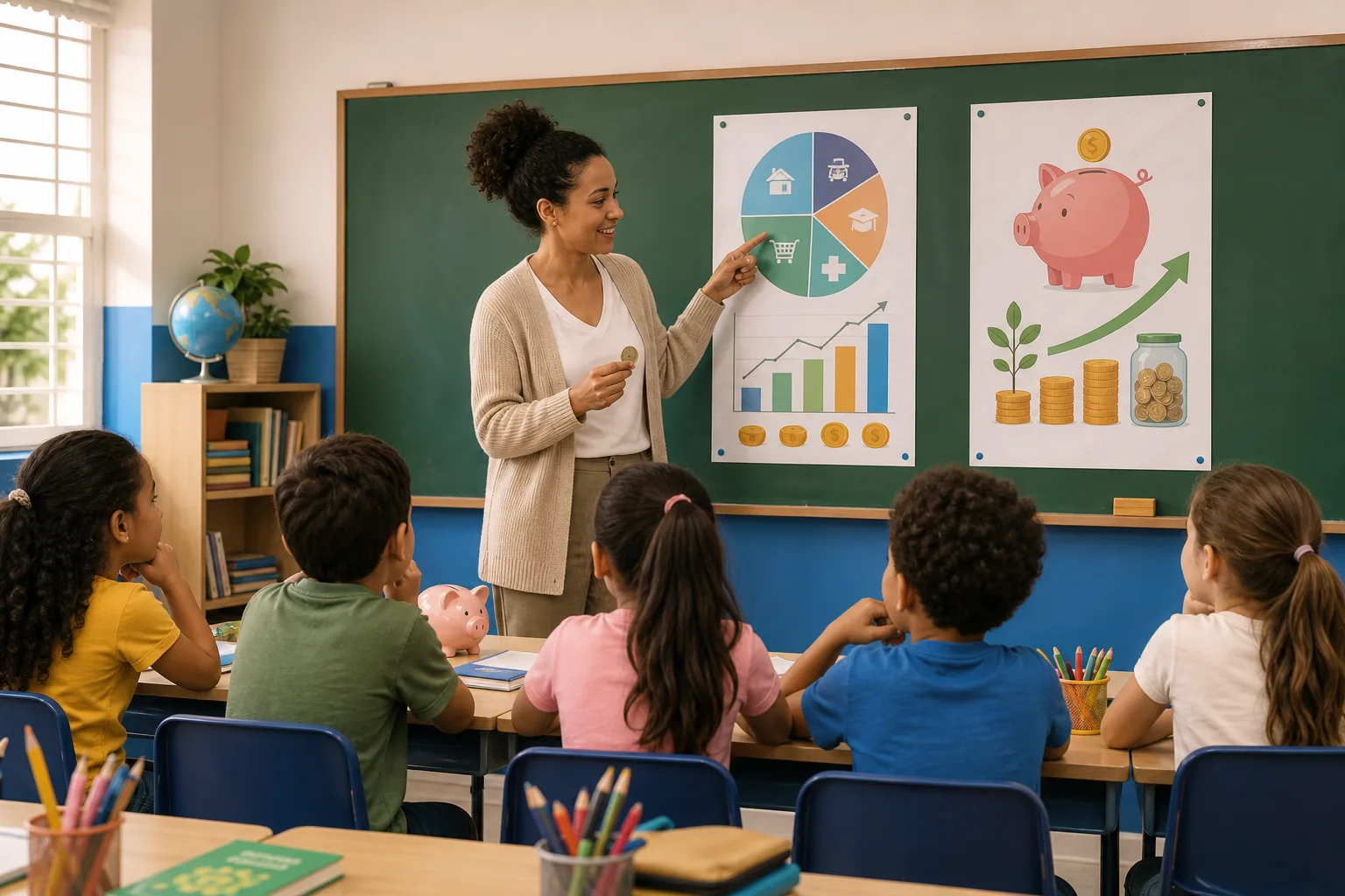 Professora explicando conceitos de educação financeira para alunos do ensino fundamental em sala de aula de escola pública municipal, com cartazes sobre orçamento e poupança na lousa