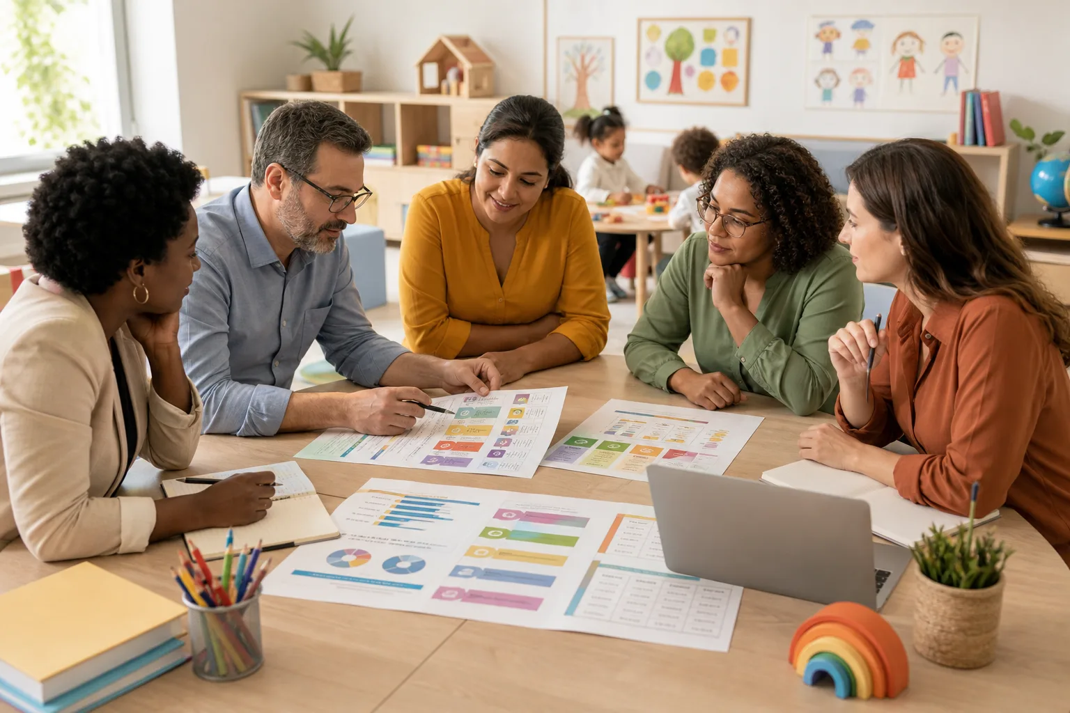 Gestores municipais e educadores reunidos em torno de uma mesa analisando indicadores de qualidade da educação infantil com formulários coloridos do INDIQUE
