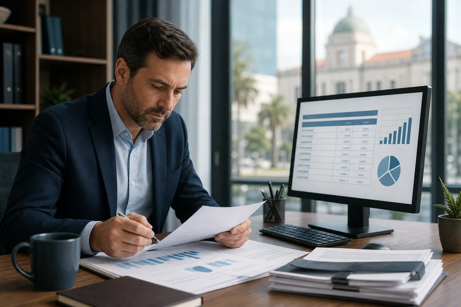Gestor público analisando documentos de licitação em mesa de escritório com tela de computador exibindo tabela de valores de referência da Lei 14.133