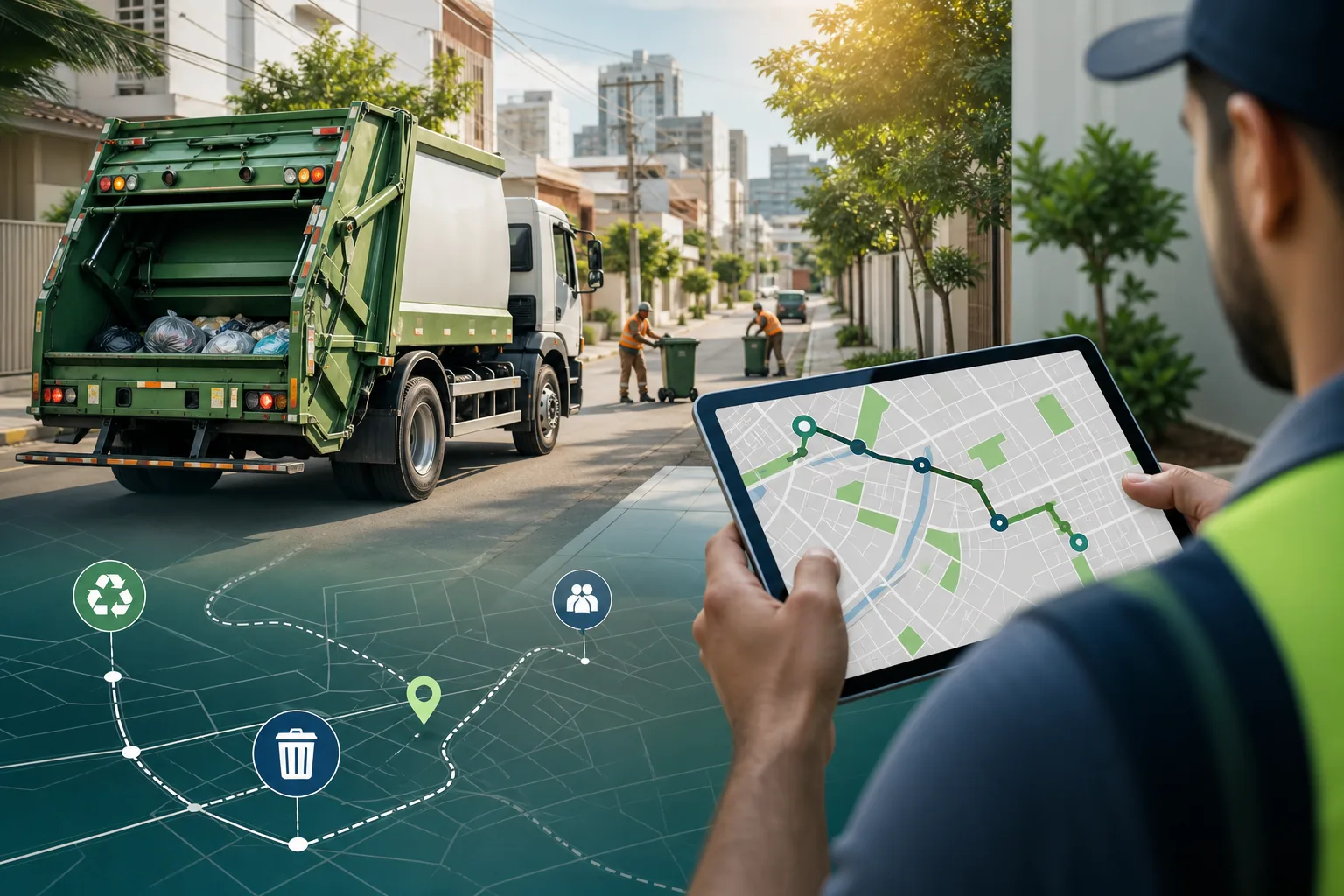 Caminhão de coleta de resíduos sólidos percorrendo rota em bairro urbano, com sobreposição de mapa de roteirização em tablet usado por supervisor municipal