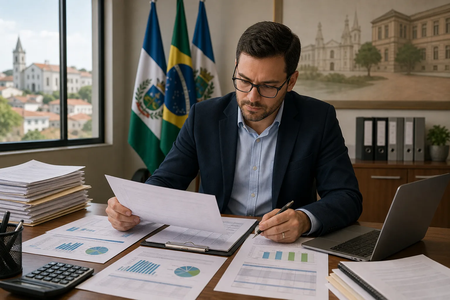 Servidor público analisando documentos de auditoria interna em mesa de prefeitura, com planilhas e relatórios de controle fiscal organizados