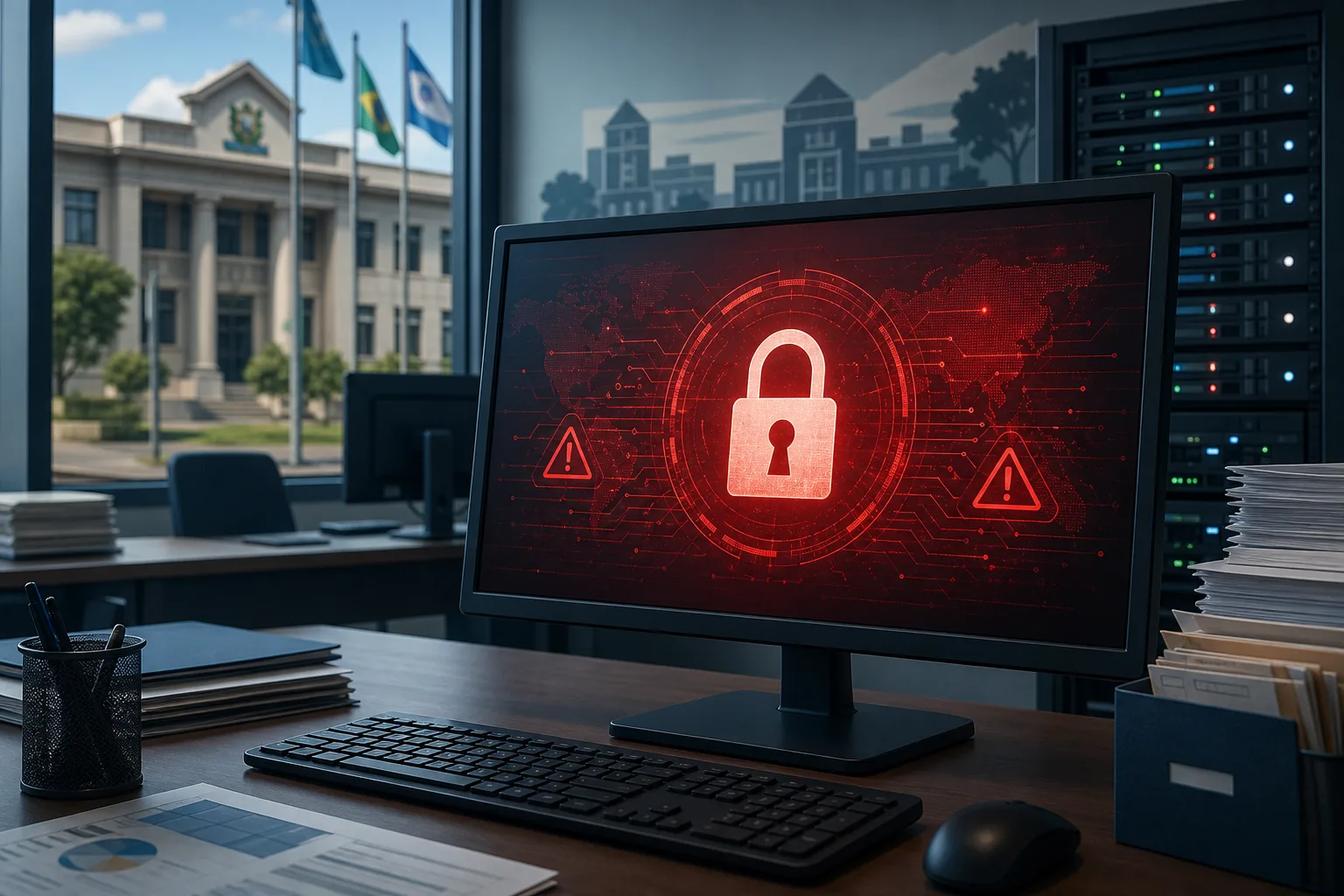 Tela de computador exibindo alerta de ransomware em um ambiente de prefeitura, com servidor e documentos ao fundo