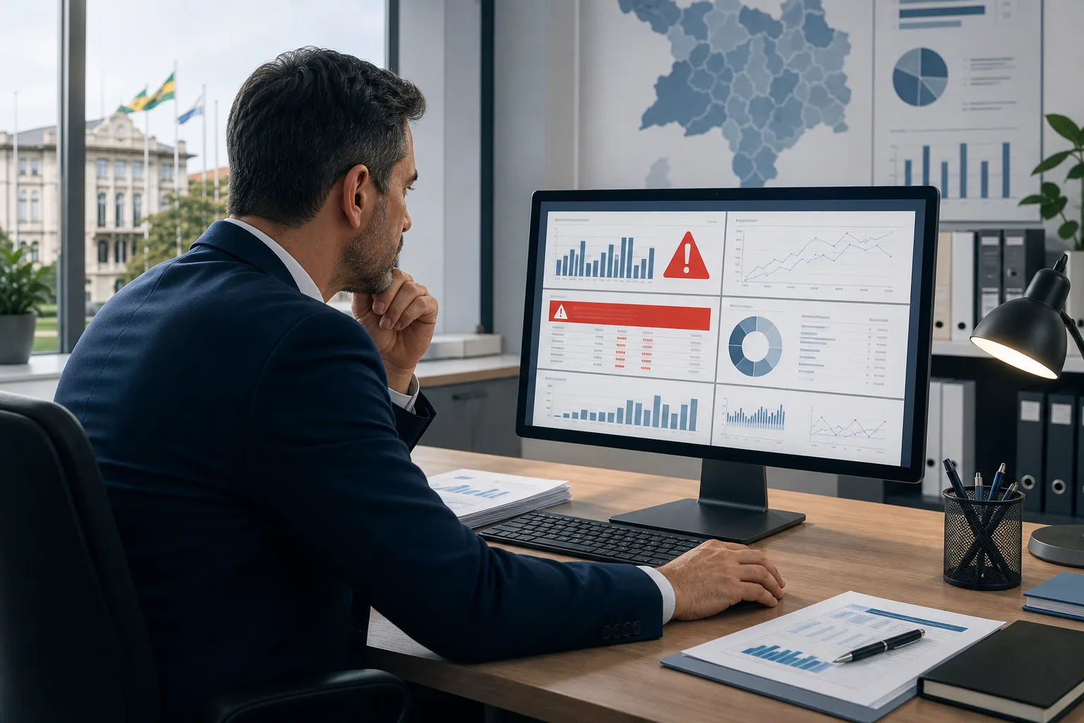 Gestor público analisando relatório financeiro em computador, com gráficos e alertas de irregularidades visíveis na tela, em sala de controle interno de prefeitura