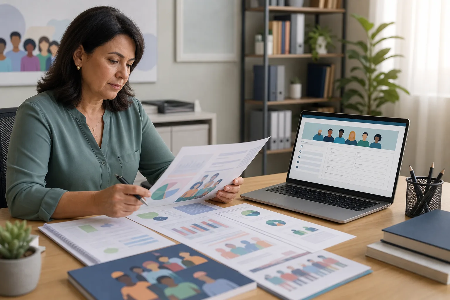 Secretária municipal de educação consultando documentos pedagógicos em mesa de trabalho, com notebook aberto mostrando formulário do MEC sobre equidade
